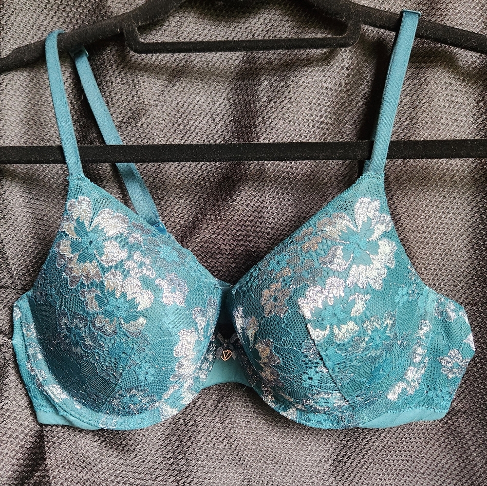 Elegant Lace Underwire Bra - Teal and Silver